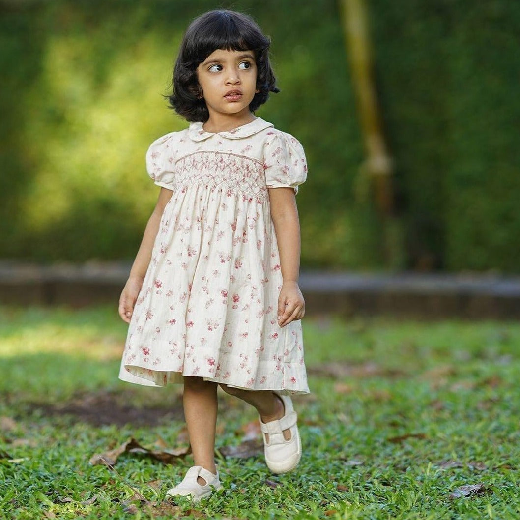 Floral Cotton Linen Smocked Dress,6M to 6T.