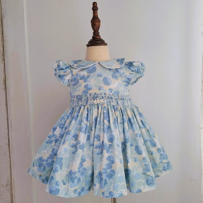 Serene Blue Floral Hand Smocked Dress,6M-10T