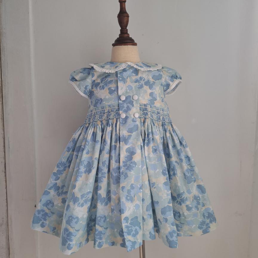 Serene Blue Floral Hand Smocked Dress,6M-10T