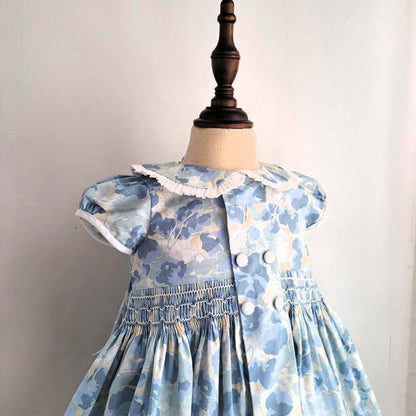 Serene Blue Floral Hand Smocked Dress,6M-10T