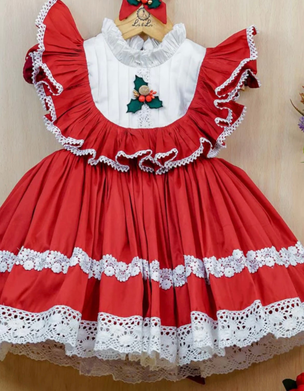 Red & White Lace Holiday Dress,3M to 8T