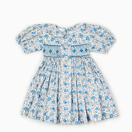 Ditsy Blue Floral Hand Smocked Dress,6M to 8T.