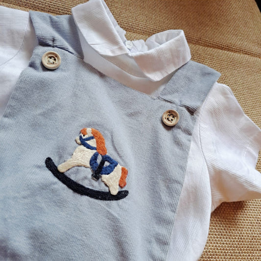 Rocking Horse Hand-Embroidered Boys Bubble Set,6M to 5T.