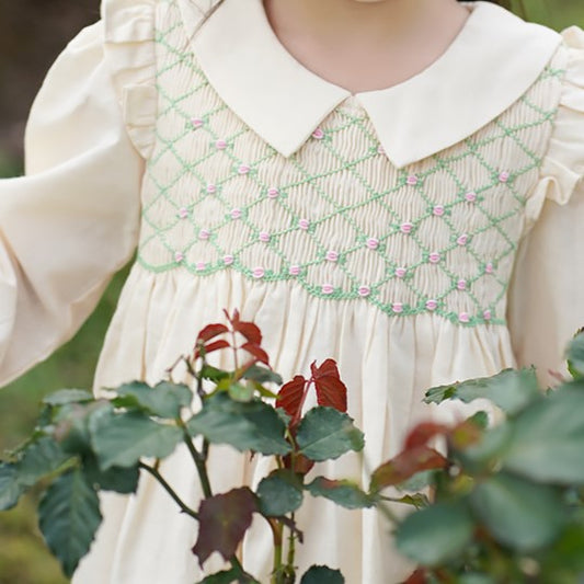 Apricot Full Sleeves Hand Smocked Dress,12M to 6T.