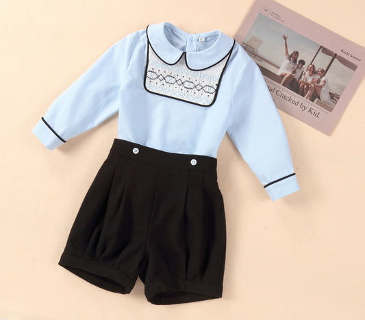 Full-Sleeves Hand Smocked Shirt & Shorts,6M-5T