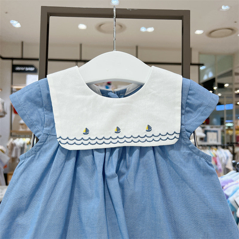 Blue Sail Boat Embroidered Dress,2T to 6T.