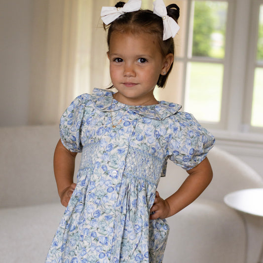 Blue Floral Peter Pan Collar Smocked Dress,6M to 10T.