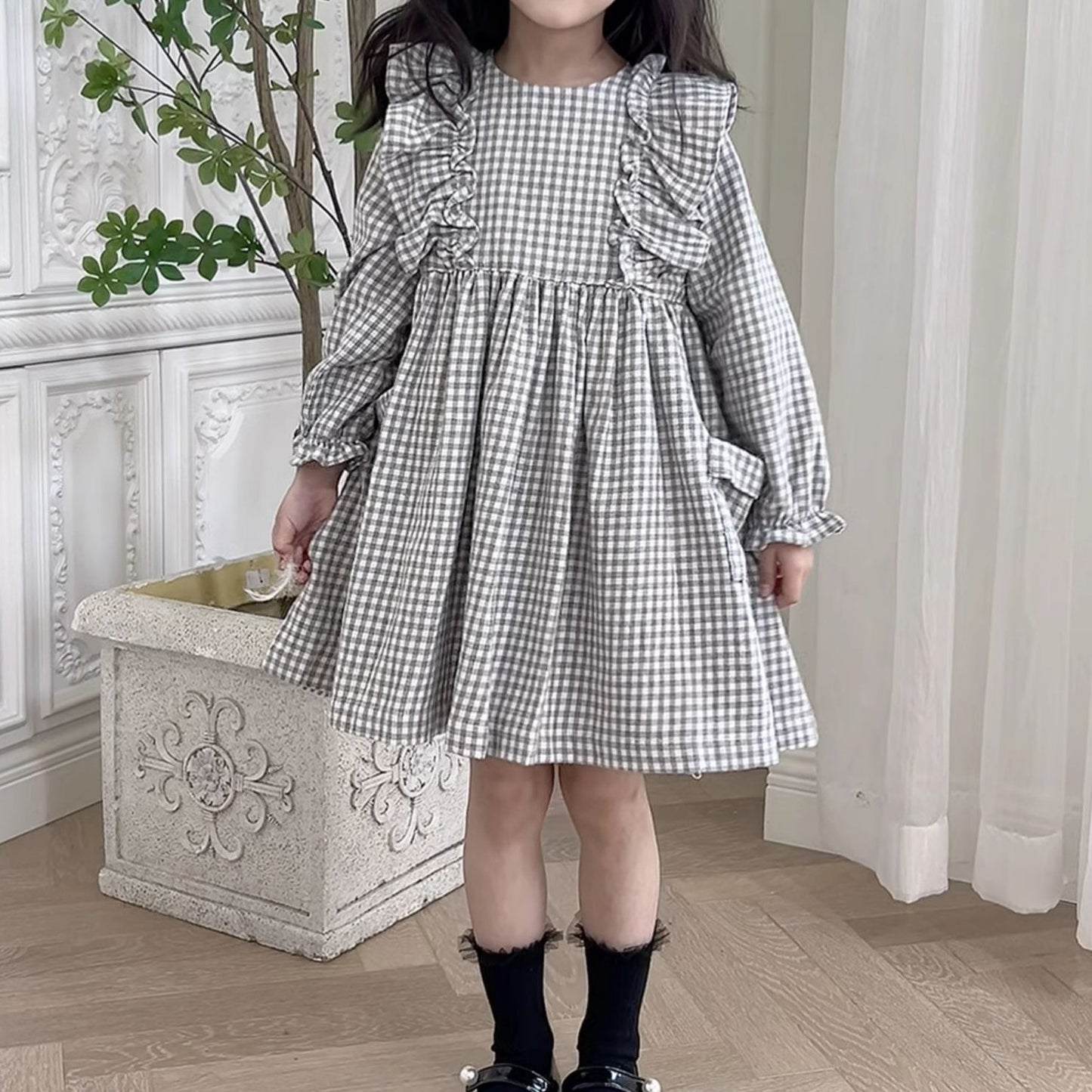 Vintage-Inspired Gingham Dress,Yellow/Grey,2T to 7T