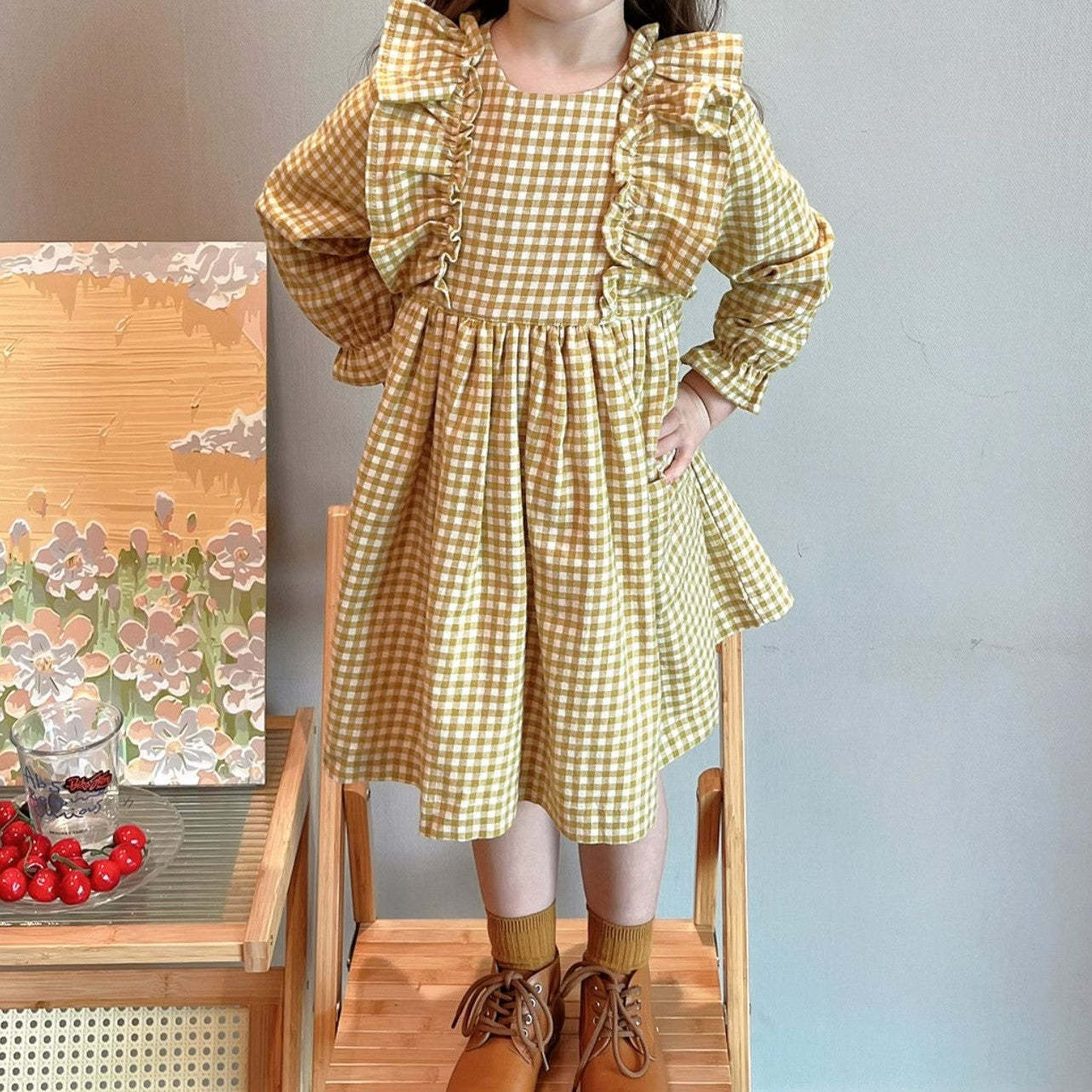 Vintage-Inspired Gingham Dress,Yellow/Grey,2T to 7T