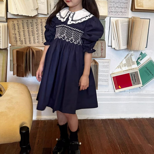 Dark Blue Hand Smocked Dress,2T to 7T.