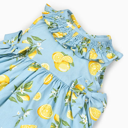 Lemon Blossom Matching Dress and Shirt Set- Blue,6M to 8T