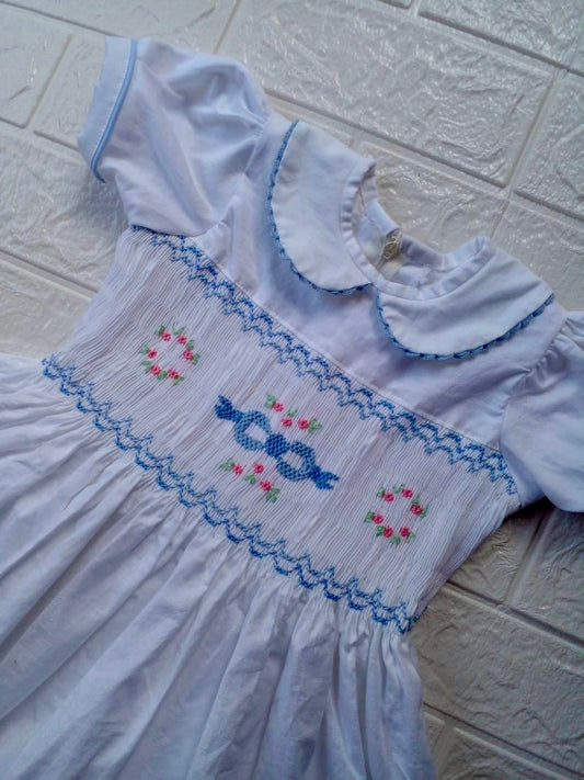 Blue & White Floral Hand-Smocked,3M to 8T.