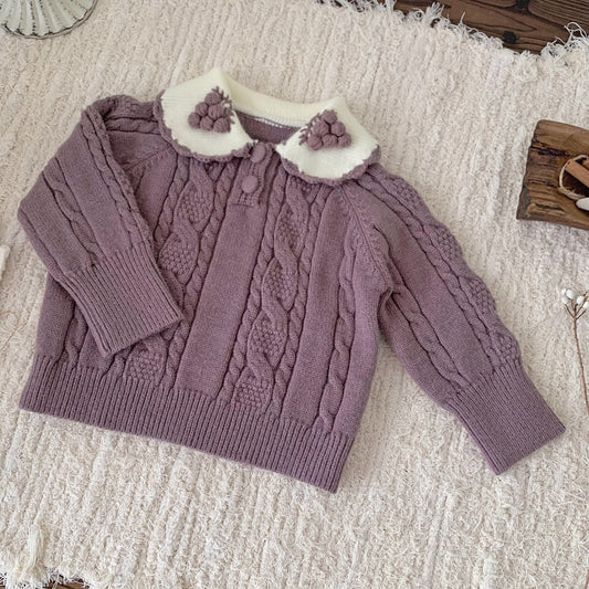 Hand-Crocheted Collared Cable-Knit Sweater,6M to 4T