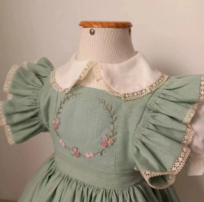 Green Hand Embroidered Dress With Bonnet,12M to 10T.