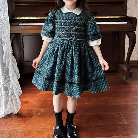 Retro Blue Green Floral Hand Smocked Dress,2T to 7T.