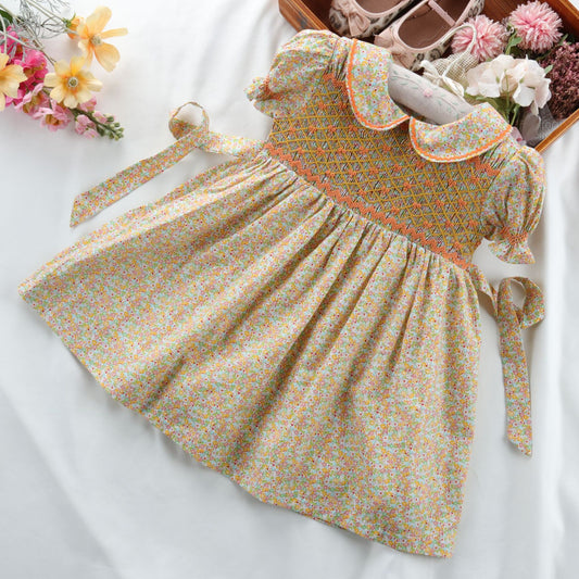 Floral Hand Smocked Dress With Embroidered Bows,2T to 6T.