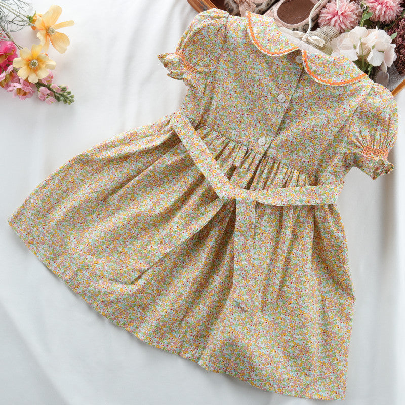 Floral Hand Smocked Dress With Embroidered Bows,2T to 6T.