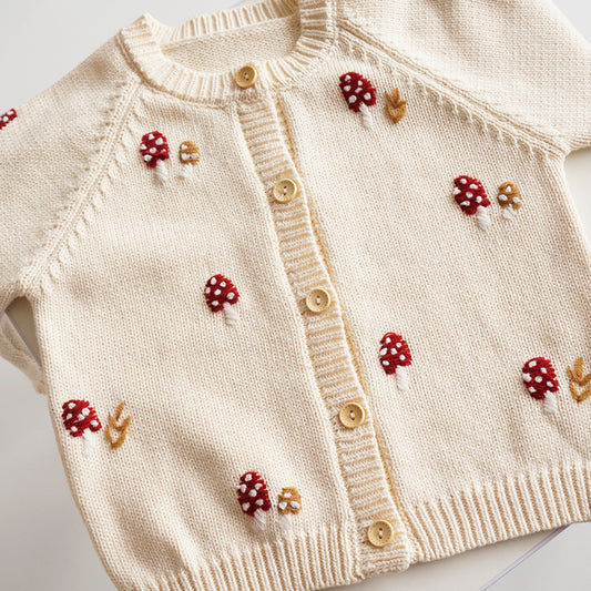 Hand Embroidered Mushrooms Cardigan,2T to 6T.