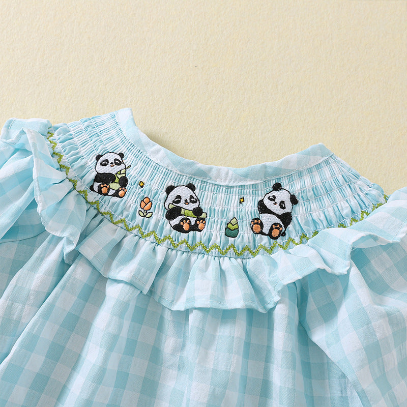 Cute Plaid Dress With Embroidered Panda,12M to 5T.