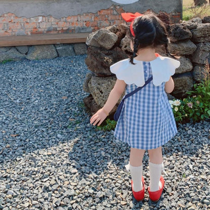 Blue Gingham Back To School Dress With Bag,2T to 7T.