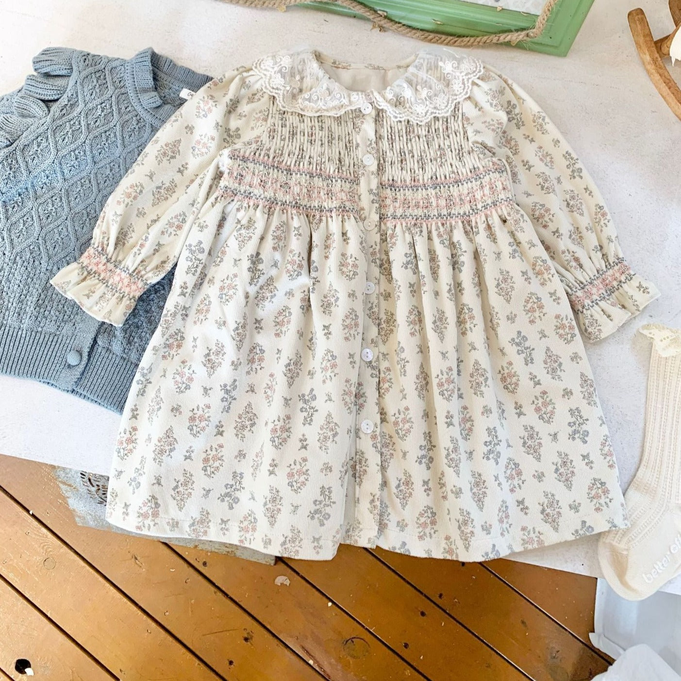 Embroidered Floral Dress With Lace Collar,12M to 5T