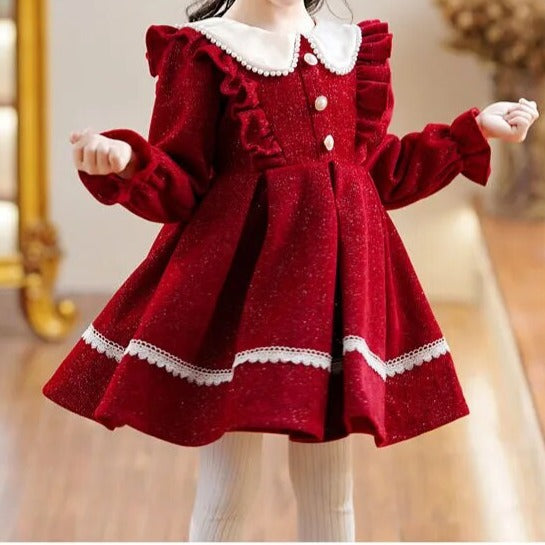 Full Sleeves Ruffles Dress,Pink/Red,2T to 8T.