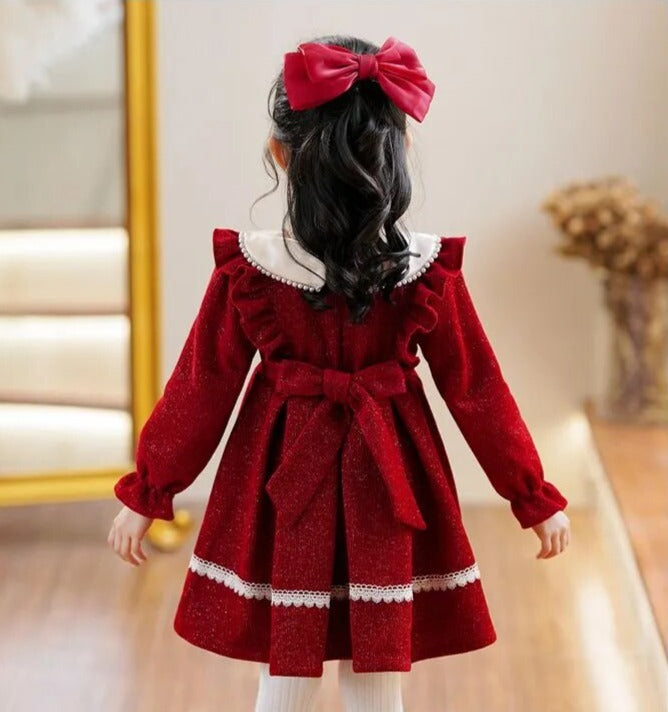 Full Sleeves Ruffles Dress,Pink/Red,2T to 8T.