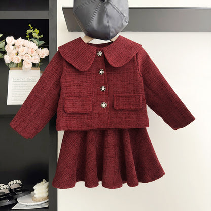 Classic Red Tweed Quilted Coat and Skirt Set, 2T to 7T