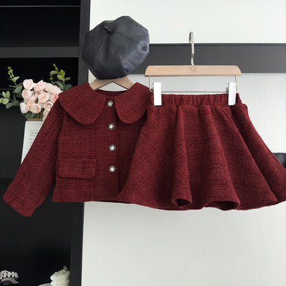 Classic Red Tweed Quilted Coat and Skirt Set, 2T to 7T