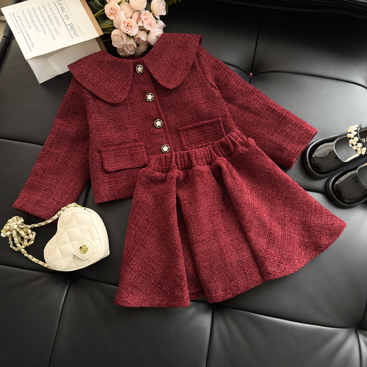 Classic Red Tweed Quilted Coat and Skirt Set, 2T to 7T