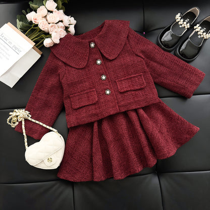 Classic Red Tweed Quilted Coat and Skirt Set, 2T to 7T