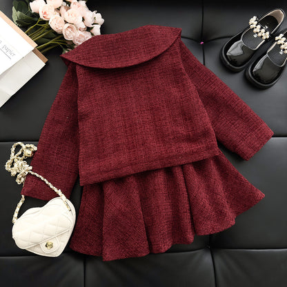 Classic Red Tweed Quilted Coat and Skirt Set, 2T to 7T