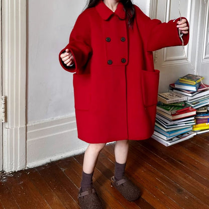 Handmade Kids Classic Red Wool Coat,3T to 8T