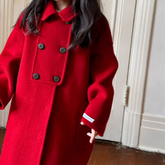 Handmade Kids Classic Red Wool Coat,3T to 8T