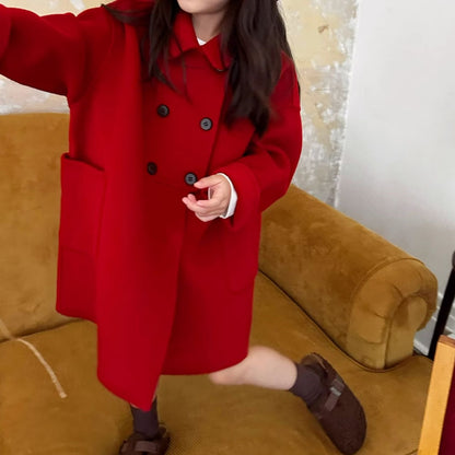 Handmade Kids Classic Red Wool Coat,3T to 8T