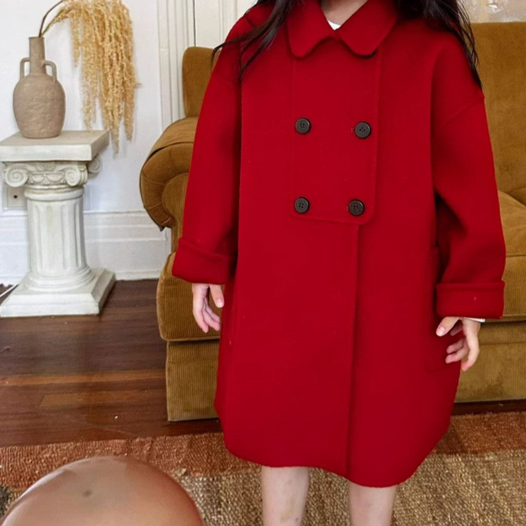 Handmade Kids Classic Red Wool Coat,3T to 8T