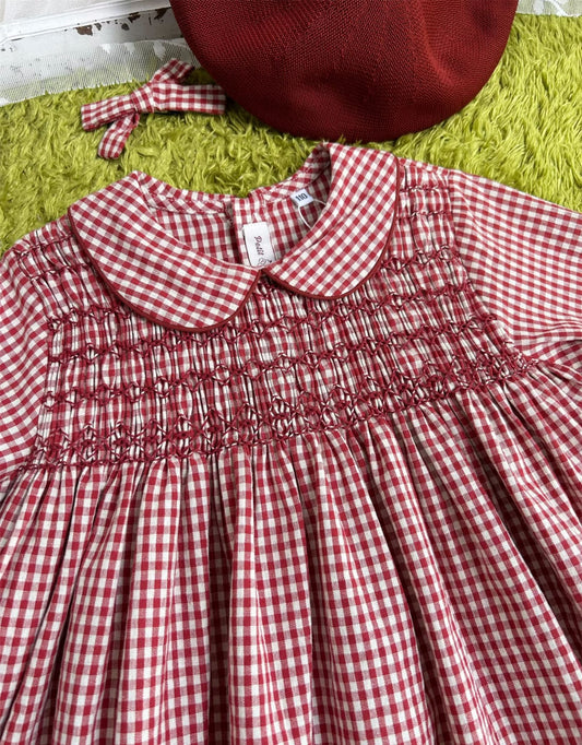 Hand Smocked Red Plaid Dress,2T to 7T.