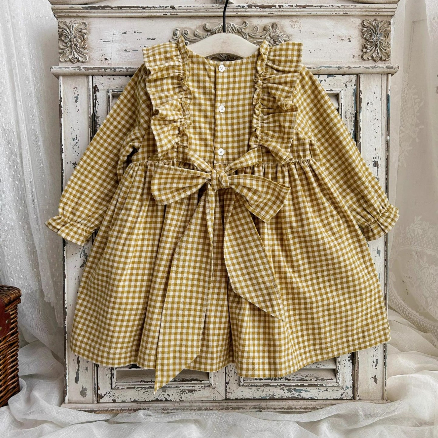 Vintage-Inspired Gingham Dress,Yellow/Grey,2T to 7T