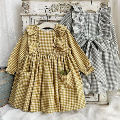 Vintage-Inspired Gingham Dress,Yellow/Grey,2T to 7T