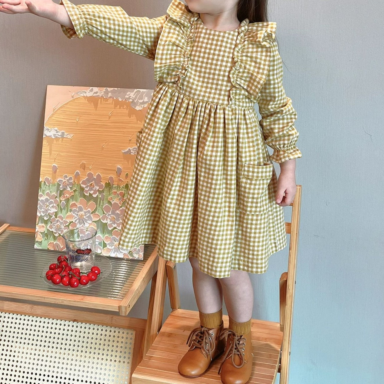 Vintage-Inspired Gingham Dress,Yellow/Grey,2T to 7T