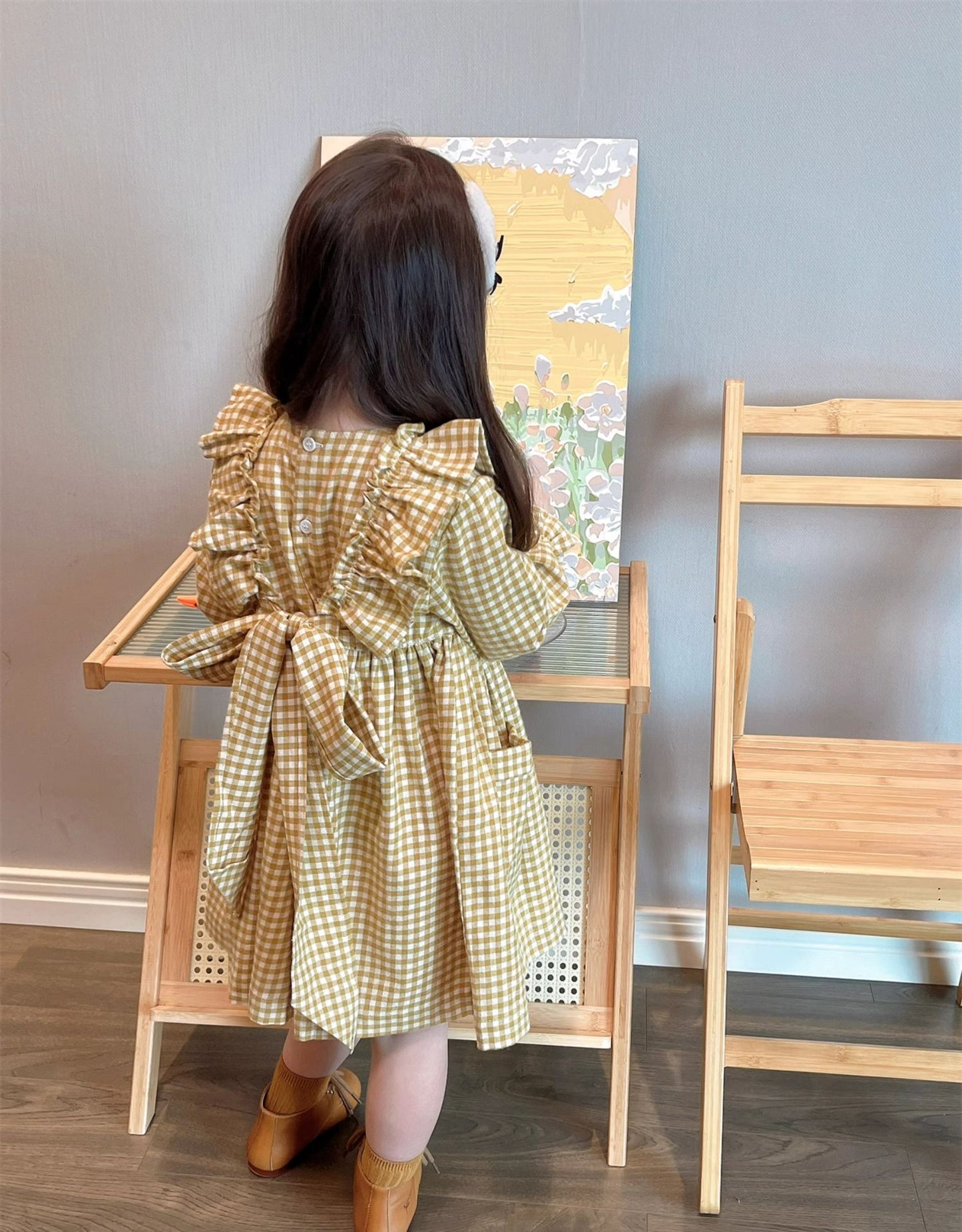 Vintage-Inspired Gingham Dress,Yellow/Grey,2T to 7T