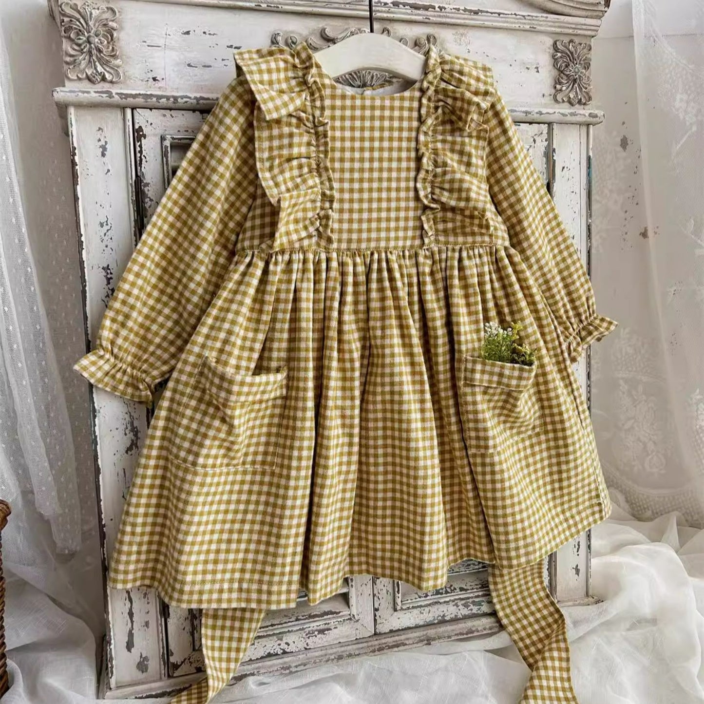 Vintage-Inspired Gingham Dress,Yellow/Grey,2T to 7T