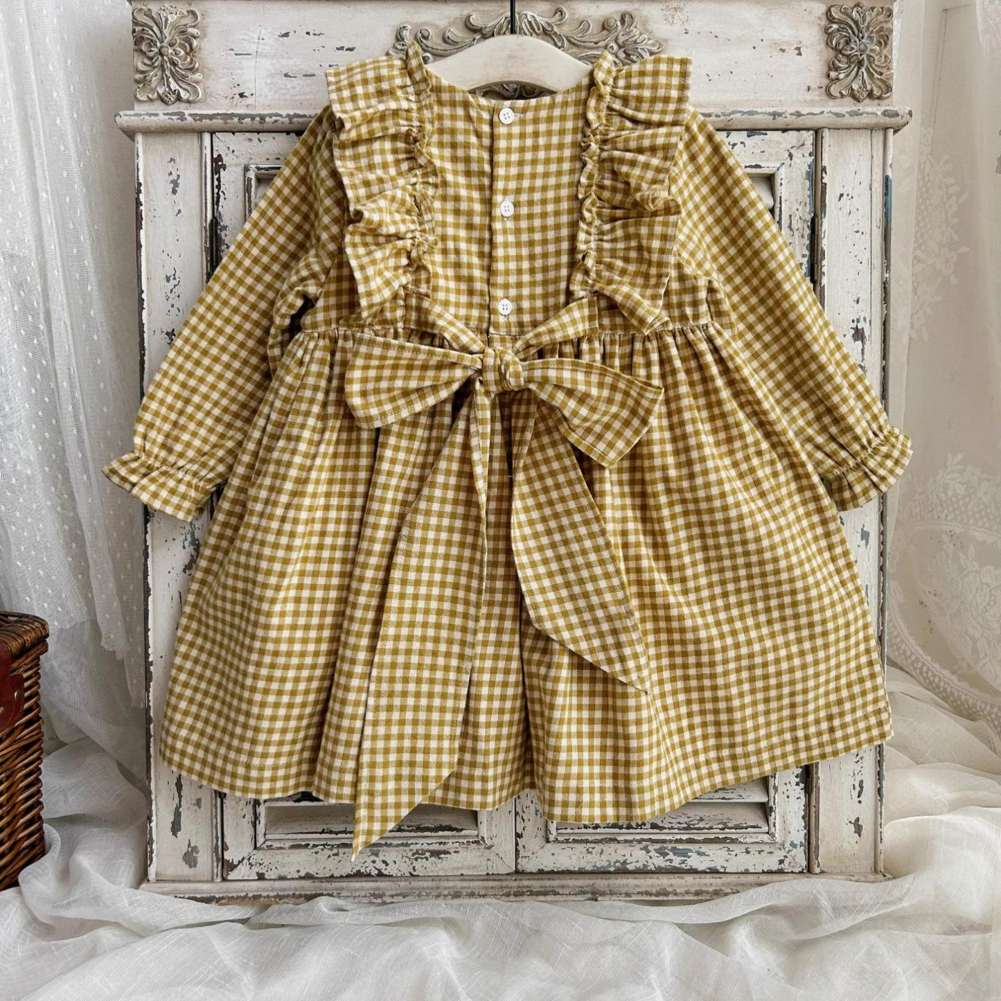 Vintage-Inspired Gingham Dress,Yellow/Grey,2T to 7T