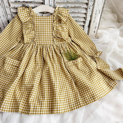 Vintage-Inspired Gingham Dress,Yellow/Grey,2T to 7T