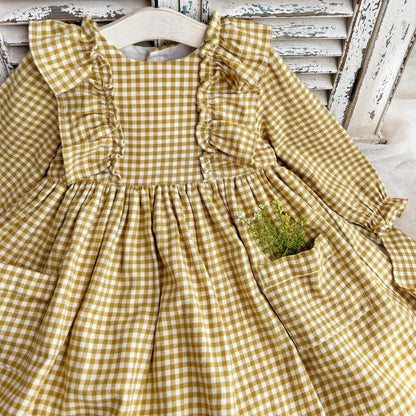 Vintage-Inspired Gingham Dress,Yellow/Grey,2T to 7T