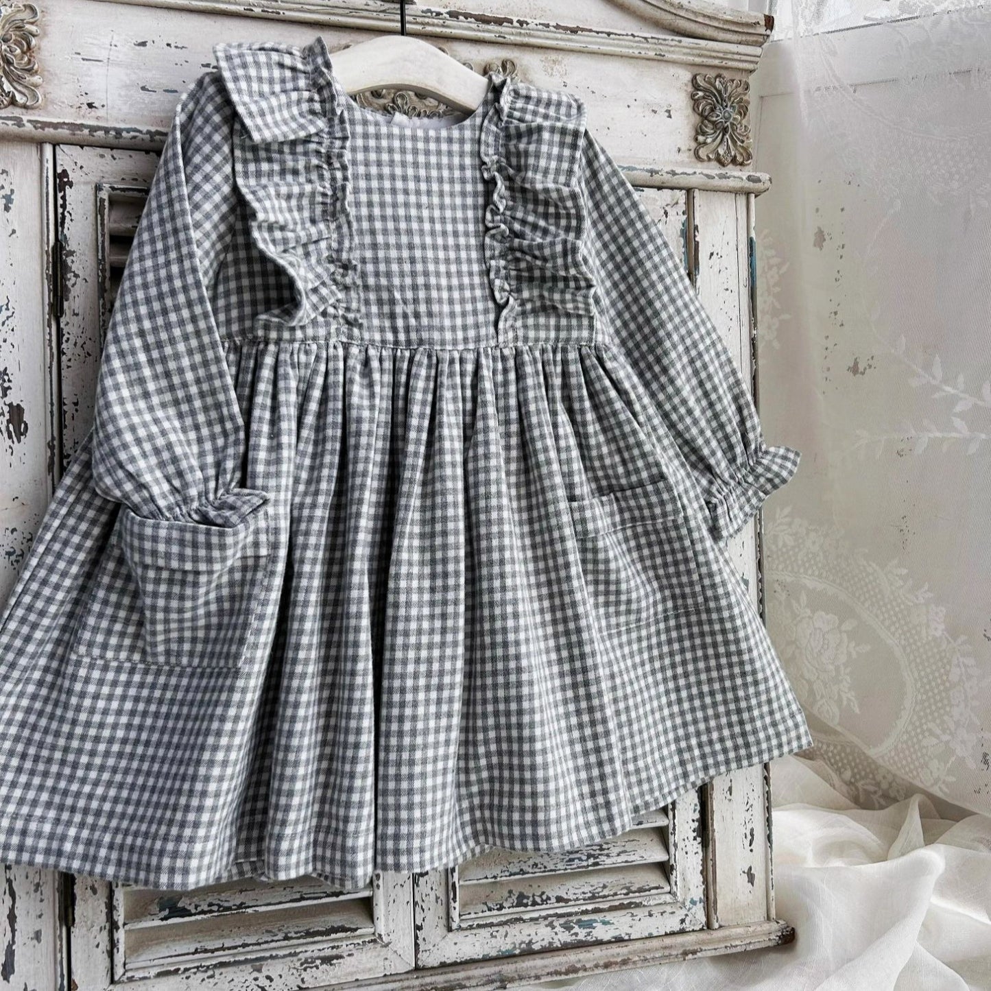 Vintage-Inspired Gingham Dress,Yellow/Grey,2T to 7T