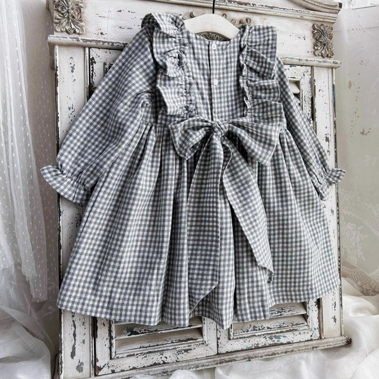 Vintage-Inspired Gingham Dress,Yellow/Grey,2T to 7T