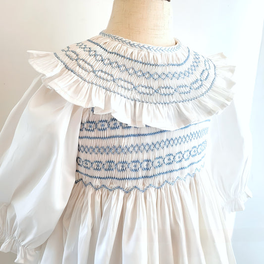 White & Blue Hand Smocked Dress,6M to 8T