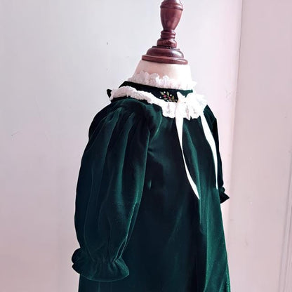 Elegant Red/Green Velvet Holiday Dress with Hand Embroidery,0M to 10T.