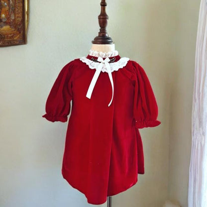 Elegant Red/Green Velvet Holiday Dress with Hand Embroidery,0M to 10T.